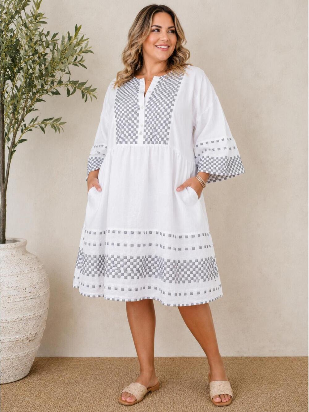 John Mark XL 100% Linen Tiered Tunic White Embroidered Coastal Grandma Boho